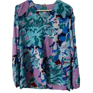 Jodifl Artsy Floral Blouse Long Sleeve Colorful Print Silky Material Top L